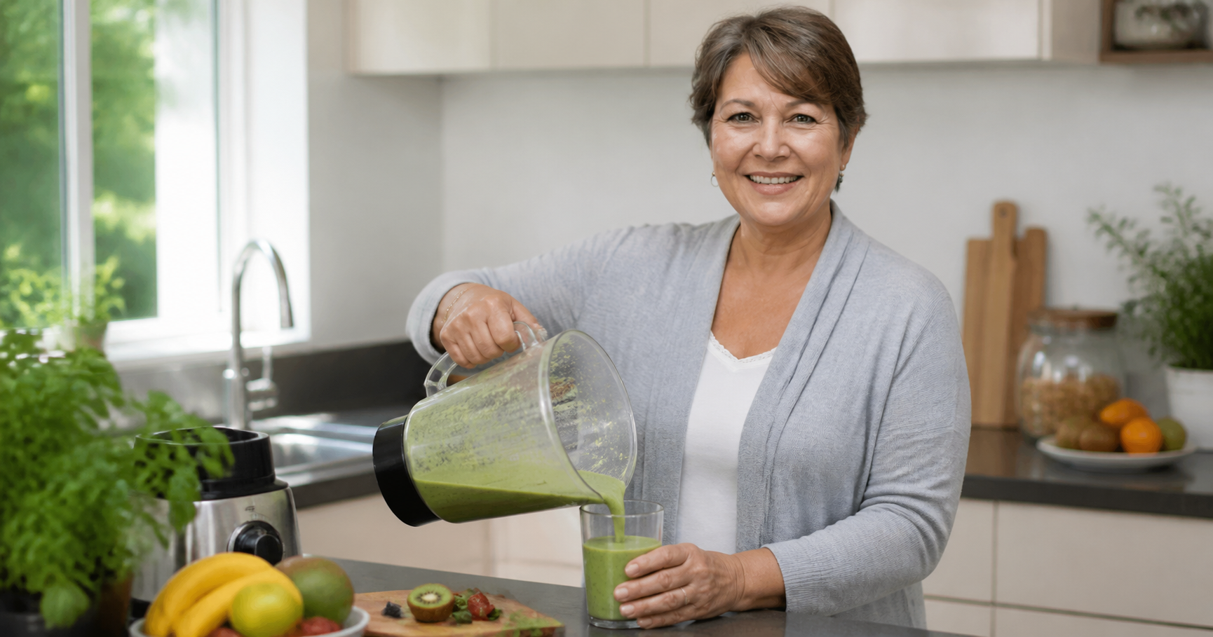Lisbeth lager en grønn smoothie på kjøkkenet